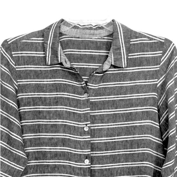 Linen Button Top Gray Stripe 3/4 Sleeve HABITAT L Coastal Grandmother Lagenlook - Picture 8 of 10
